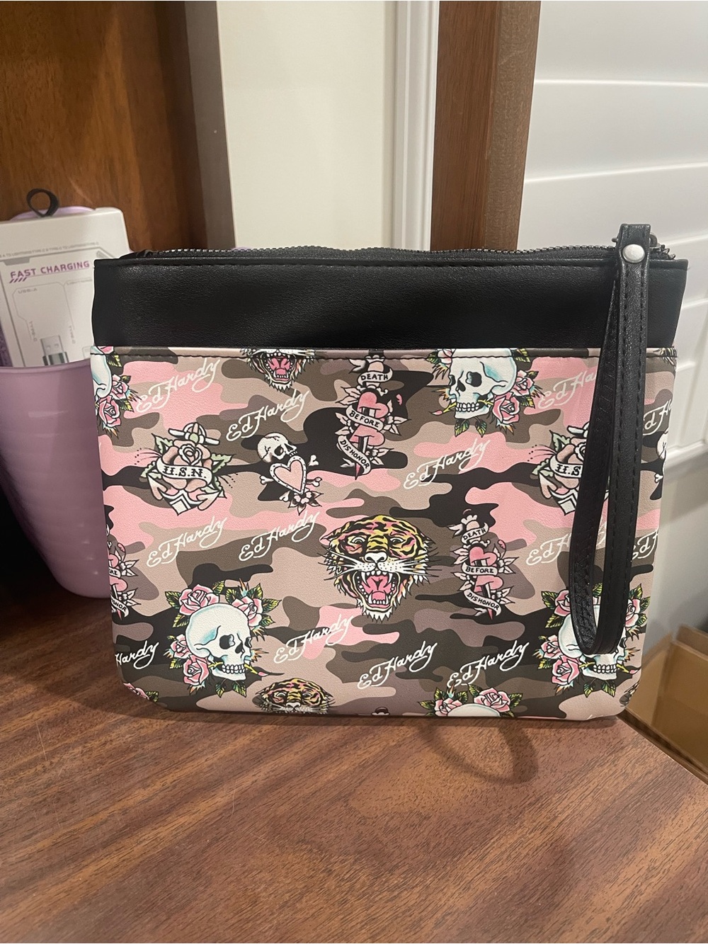 Ed Hardy Pink Camo Tiger & Skull Wristlet Clutch with Black Trim